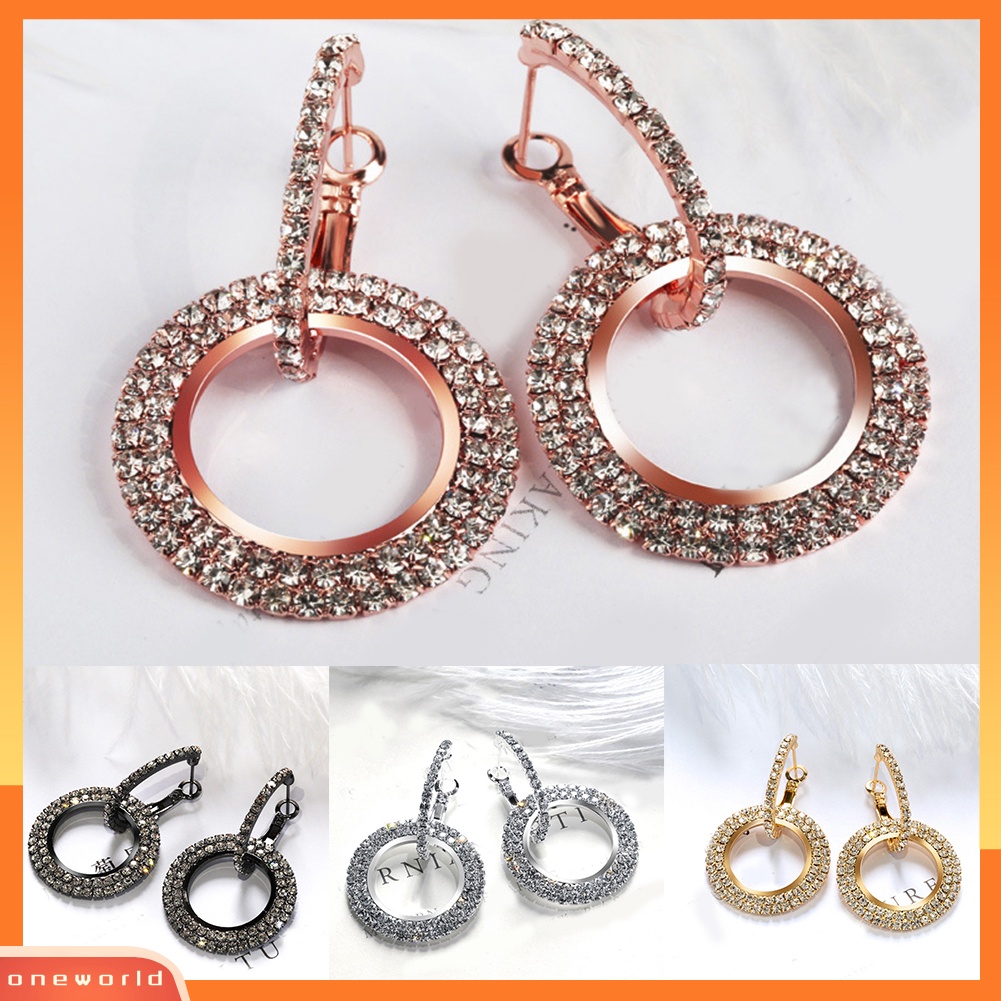 [WOD] Fashion Wanita Terkait Lingkaran Panjang Menjuntai Penuh Berlian Imitasi Huggie Earrings Jewelry