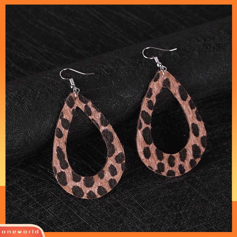 [WOD] Wanita Berongga Leopard Dot Print Kulit Imitasi Teardrop Kait Anting Perhiasan Hadiah