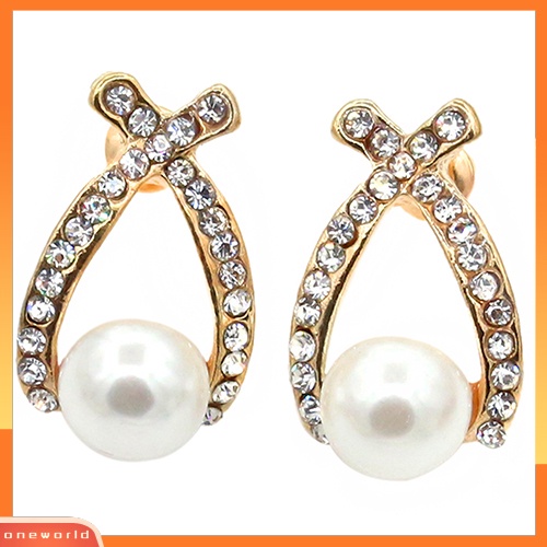 [WOD] Wanita Mutiara Imitasi Ear Studs Earrings Cross Berlian Imitasi Hadiah Perhiasan Pernikahan