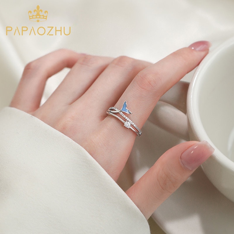 Papaozhu Bergaya Berkilau Kristal Biru Fishtail Terbuka Cincin Untuk Wanita Gadis Chic Bersinar Zirkon Buku Jari Cincin Kepribadian Perhiasan