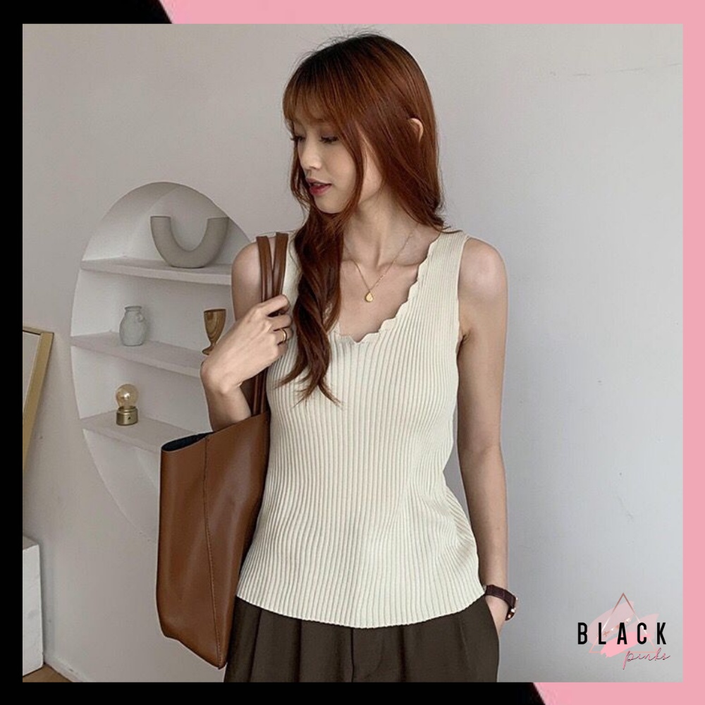 Blackpink Tanktop Fashion Rajut Wanita Atasan V-Neck Tanpa Lengan Premium Import 1268