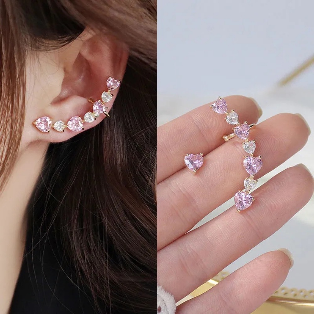 Deartiara Manis Asimetris Merah Muda Cinta Zirkon Ear Studs Earbone Klip Kecil Dan Sederhana Serbaguna Anting Gaya Fashion