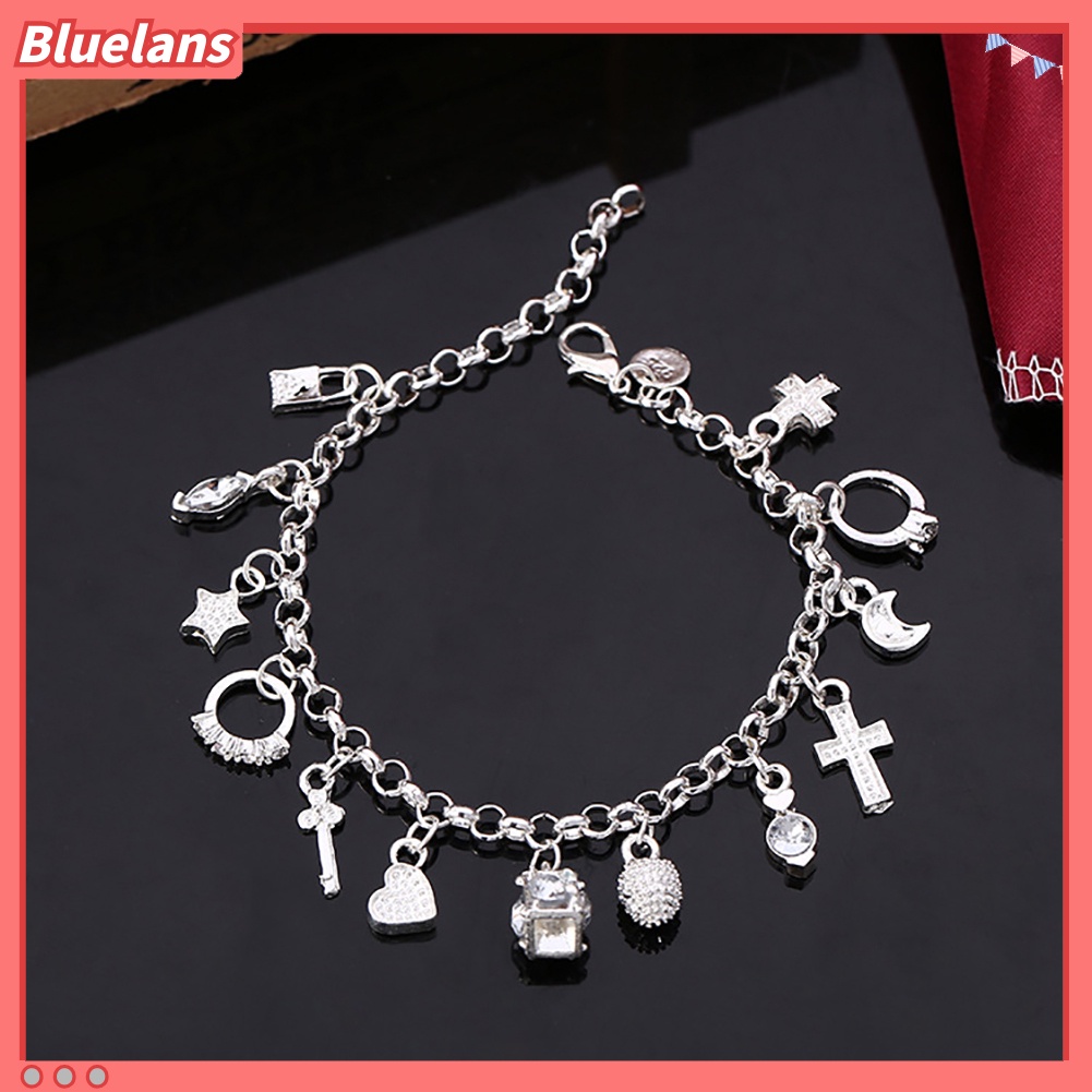 [BLS] Wanita Perak Berlapis Salib Bulan Bintang13 Charms Liontin Gelang Bangle Perhiasan