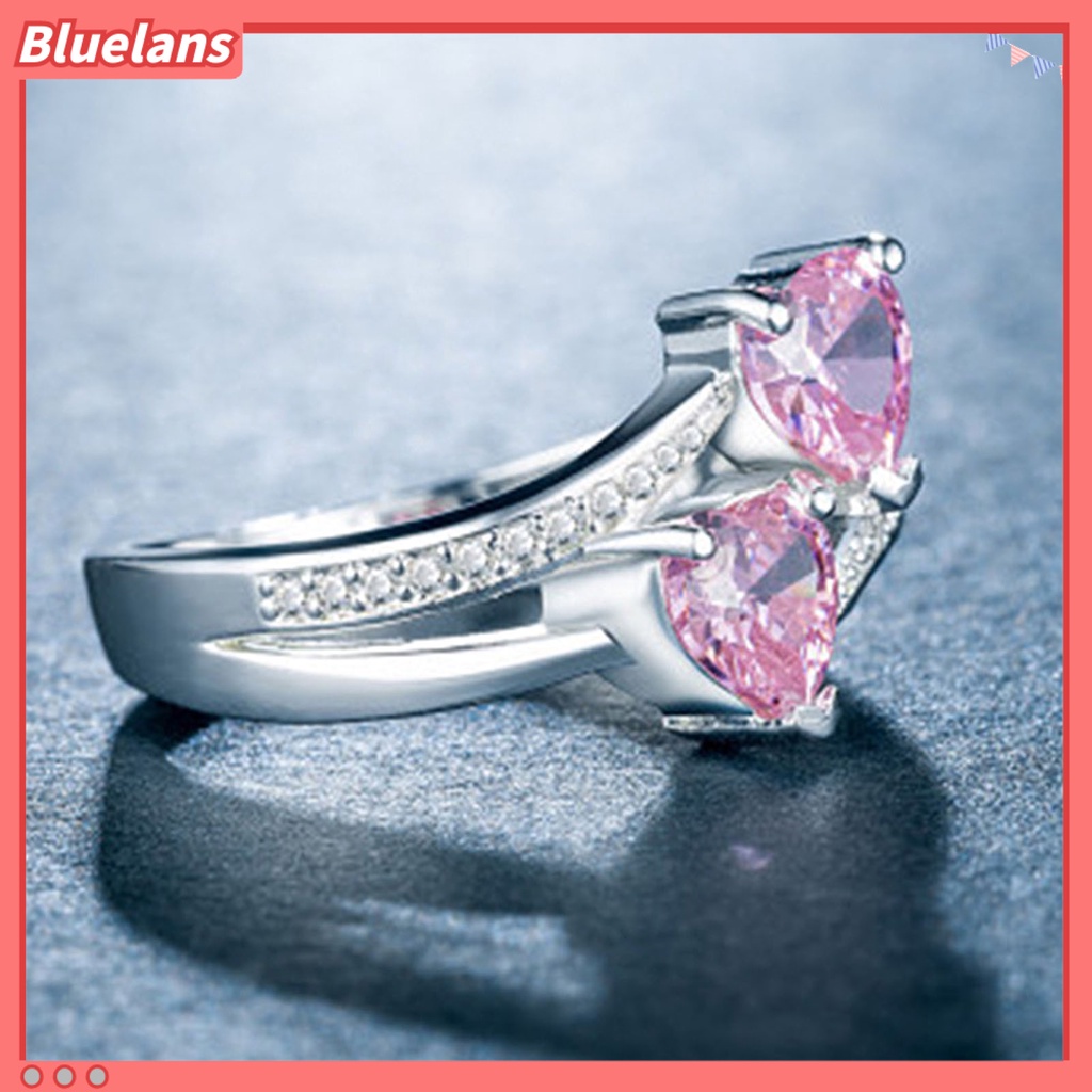 [BLS] Cincin Wanita Double Heart Sparkling Cubic Zirconia Fashion Penampilan Pita Jari Untuk Pesta
