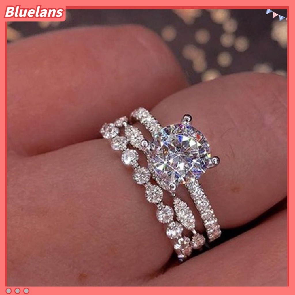 [BLS] Wanita Cincin Tiga Lapisan Berlian Imitasi Perhiasan Fashion Penampilan Indah Jari Cincin Untuk Pernikahan