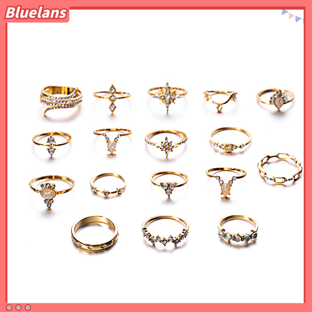 [BLS] 17pcs Cincin Buku Jari Unik Ukir Dapat Ditumpuk Paduan Boho Gaya Etnik Faux Permata Jari Rings Perhiasan Aksesori
