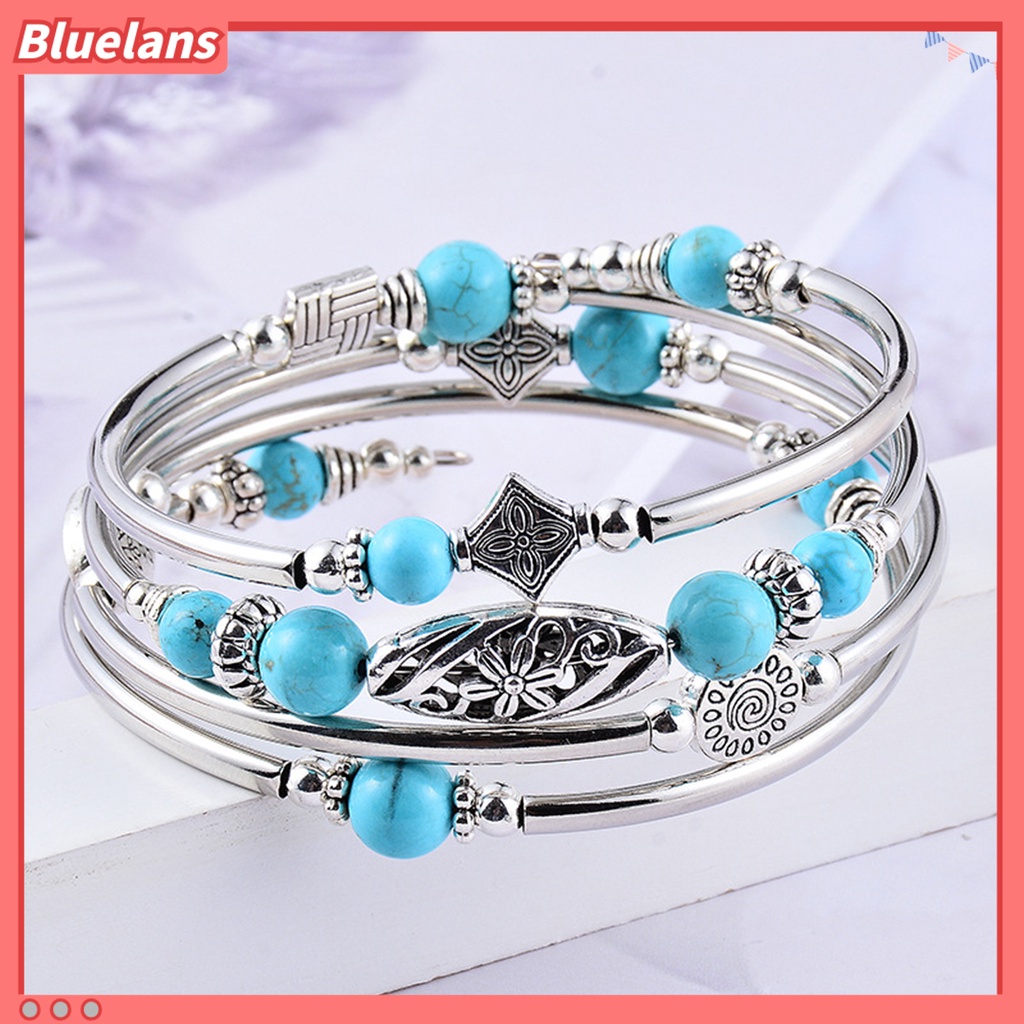 [BLS] Wanita Bangle Batu Alam Etnik Multi Layered Retro Biru Turquoise Beads Bungkus Gelang Perhiasan Aksesoris