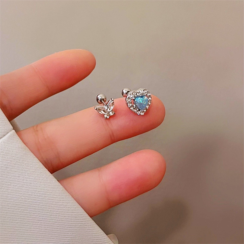 Kami Bunga 2 Pcs Korea S925 Perak Berkilau Zirkon Kupu-Kupu Biru Opal Hati Stud Anting-Anting Untuk Wanita Perempuan Chic Hypoallergenic Tindik Cinta Sekrup Anting-Anting Perhiasan Aksesoris