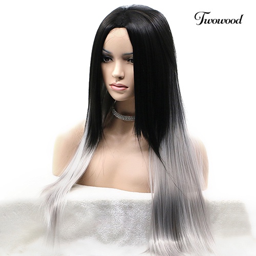 Twowood Wanita Seksi Panjang Lurus Wig Rambut Tahan Panas Hitam Ombre Abu Wig Pesta