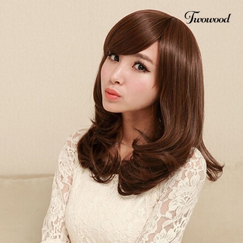 Twowood Wanita Fashion Sedang Panjang Keriting Rambut Alis-skimming Poni Cosplay Pesta Penuh Wig