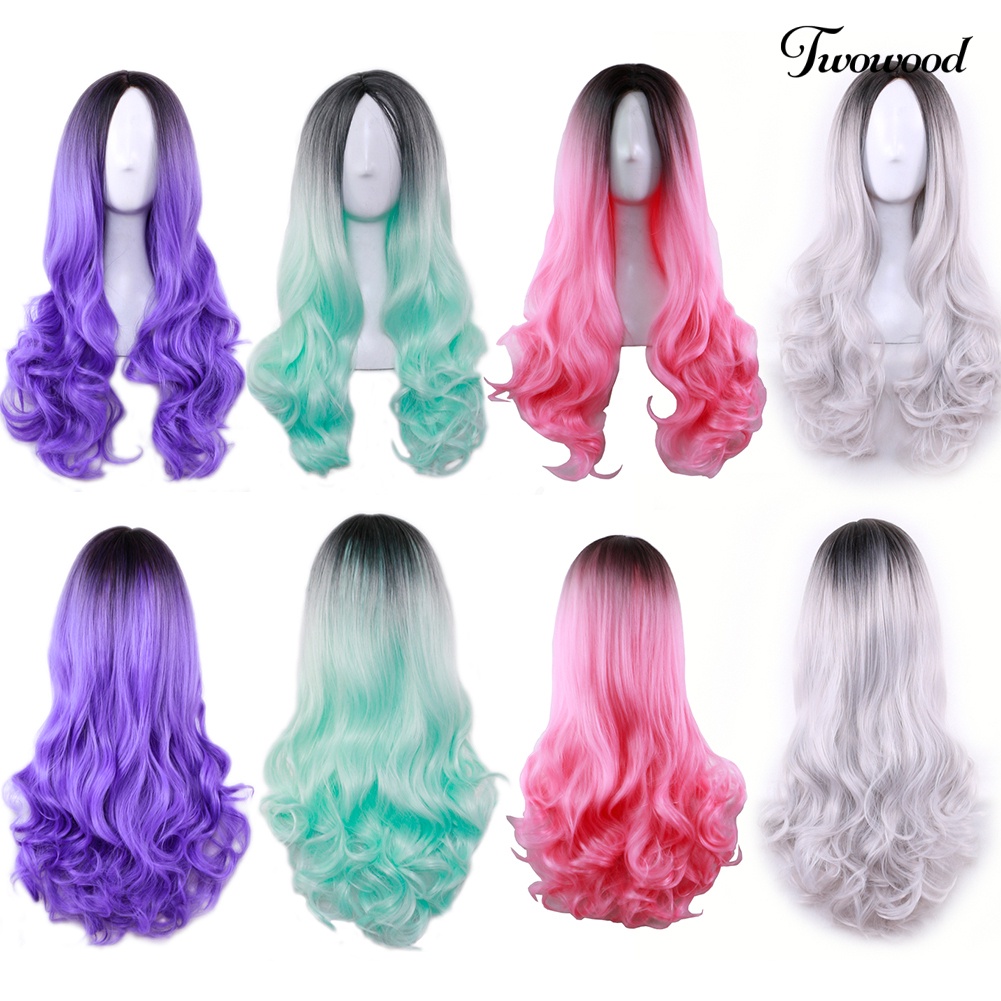 Twowood Charming Gradient Color Panjang Keriting Wanita Rambut Wig Dyed Sintetis Sopak