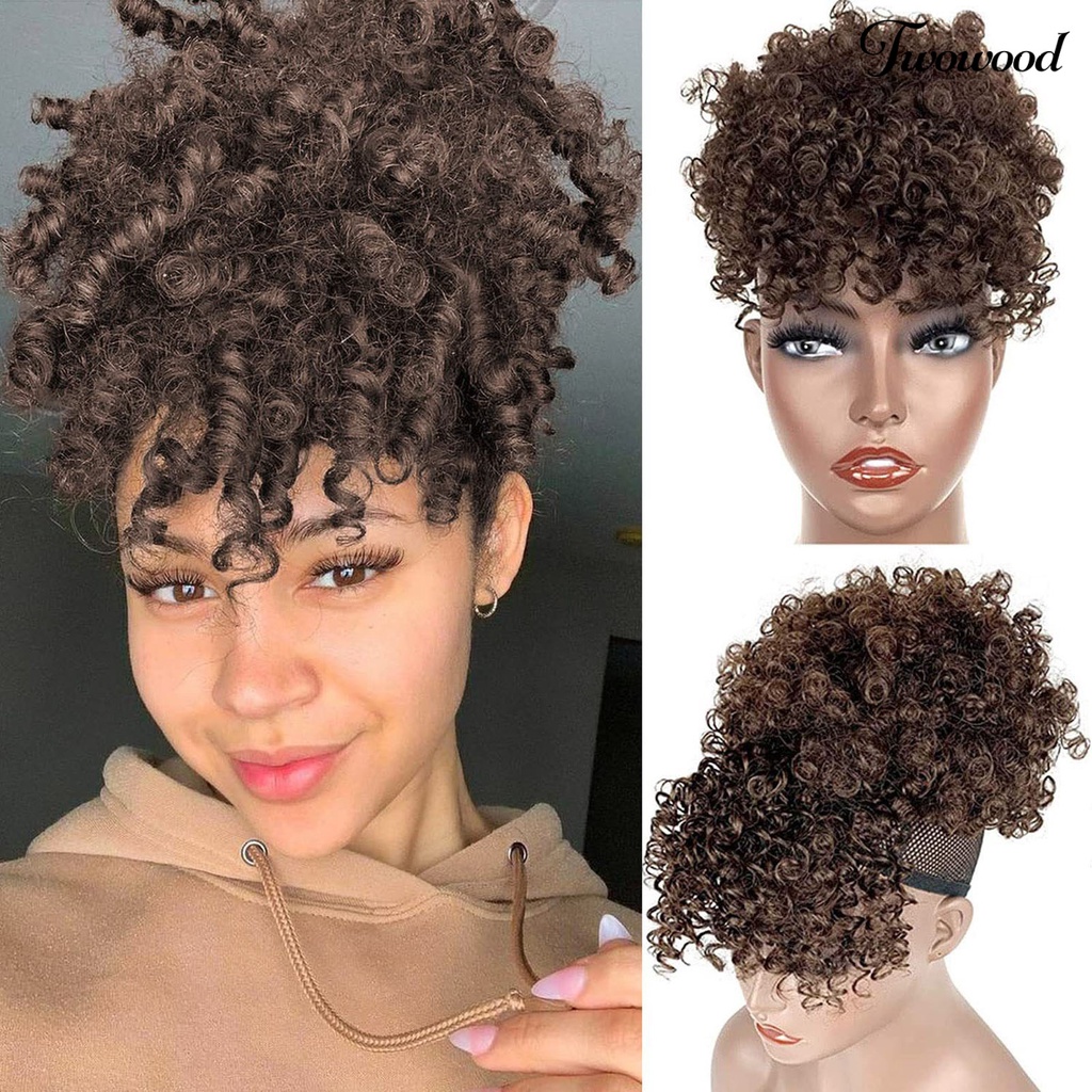 Twowood Curly Wig Fluffy Natural Look Soft Touch Realistis Hias Resilient African Curly Serut Ponytail Wig Dengan Poni Gadis Pasokan