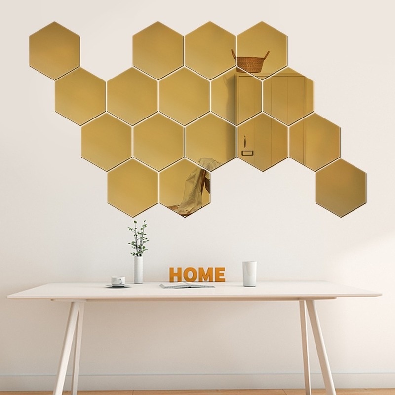 Stiker Dinding Akrilik Hexagon Mini/ Self Adhesive Reflektif Mirror Wall Decals/ Perlengkapan Dekorasi Backdrop Ruang Tamu