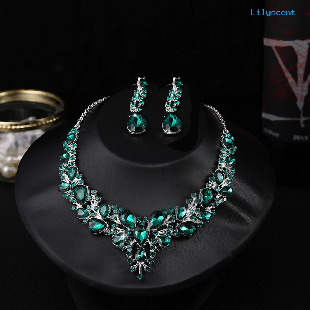 [LS]1 Set Pernikahan Anting Ekstensi Rantai Kristal Imitasi Hias Berlian Imitasi Dress Up Glitter Makan Malam Wanita Perhiasan Kalung Aksesori Perempuan