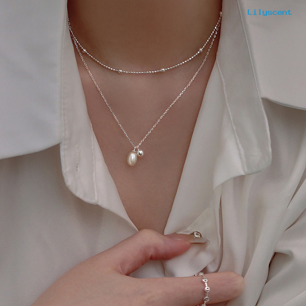 [LS]Wanita Kalung Panjang Bola Bulat Slim Rantai Elegan Minimalis Glossy Mutiara Imitasi Klavikula Kalung Fashion Perhiasan