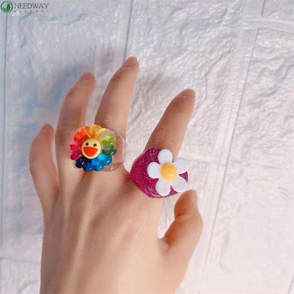 Needway Cincin Korea 2021gaya Baru Bunga Matahari Bunga Smiley Resin Geometris Fashion Perhiasan