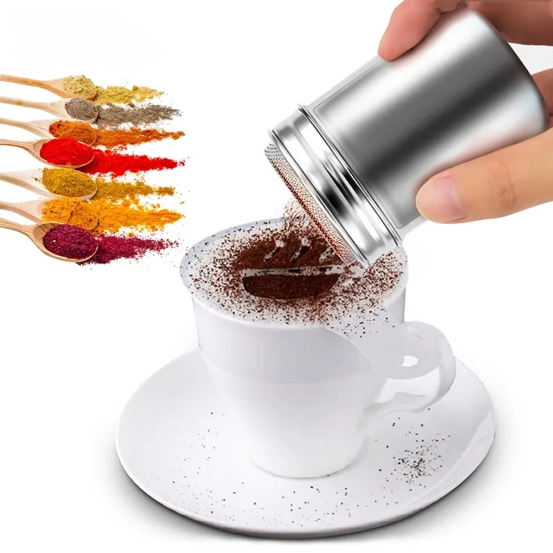 Stainless Steel Sprinkle Cocoa Sugar Gauze Mesh Jar/Botol Bumbu Kain Lap Bubuk Kopi Mewah