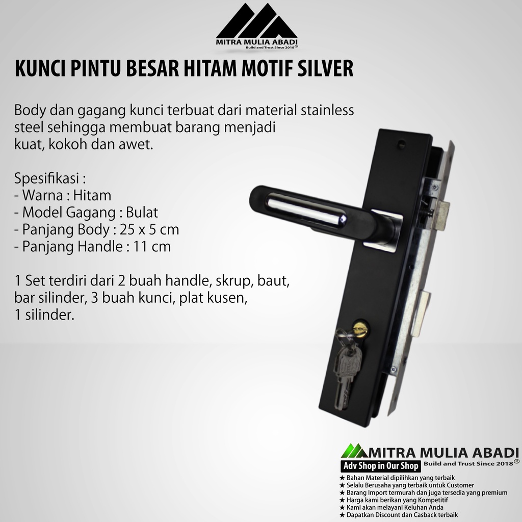 KUNCI PINTU BESAR HITAM 25CM MOTIF SILVER PENDEK T33A