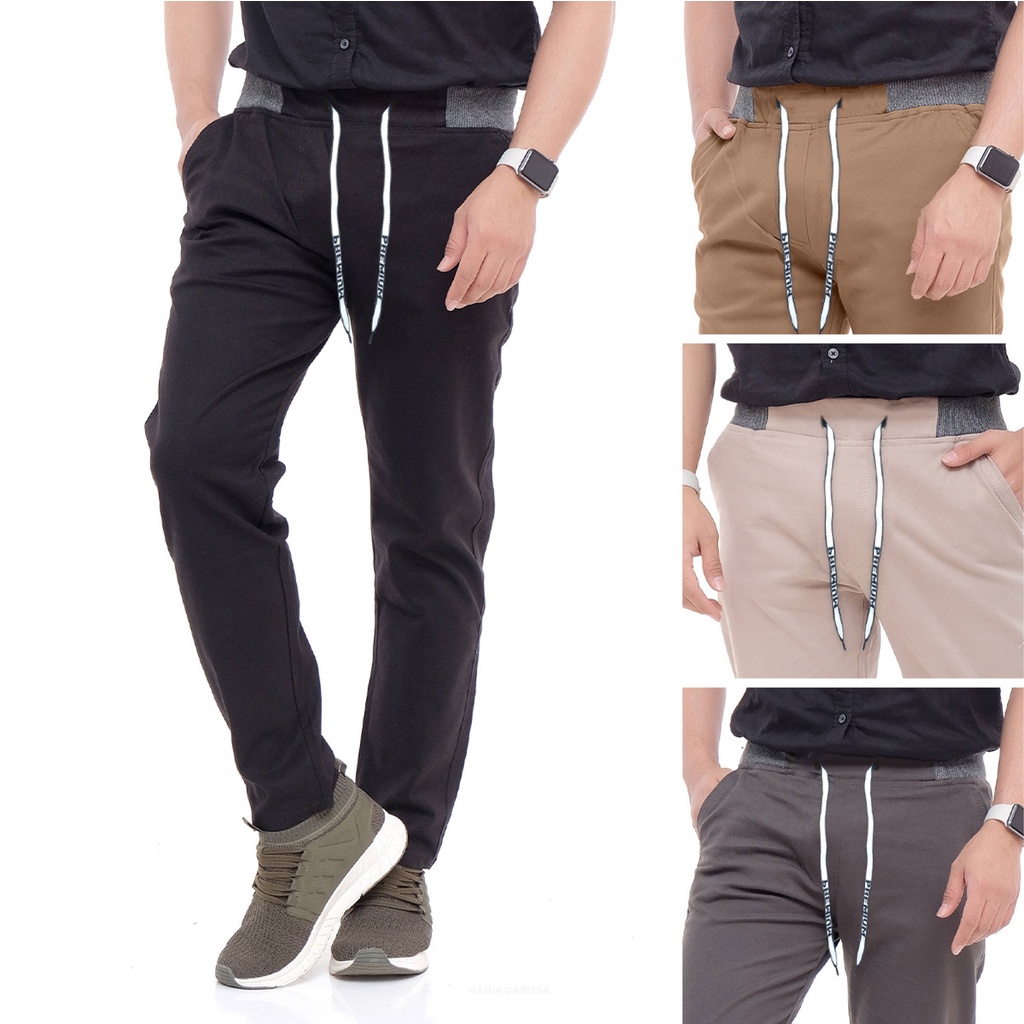 Celana Chino Panjang Pria Pinggang Karet Rib Bahan Katun Combed Stretch Melar - Vania Carissa