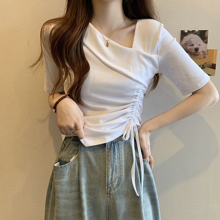 Terbaru Korean Atasan Wanita Slim Fit Serut Lipit Casual Crop Top