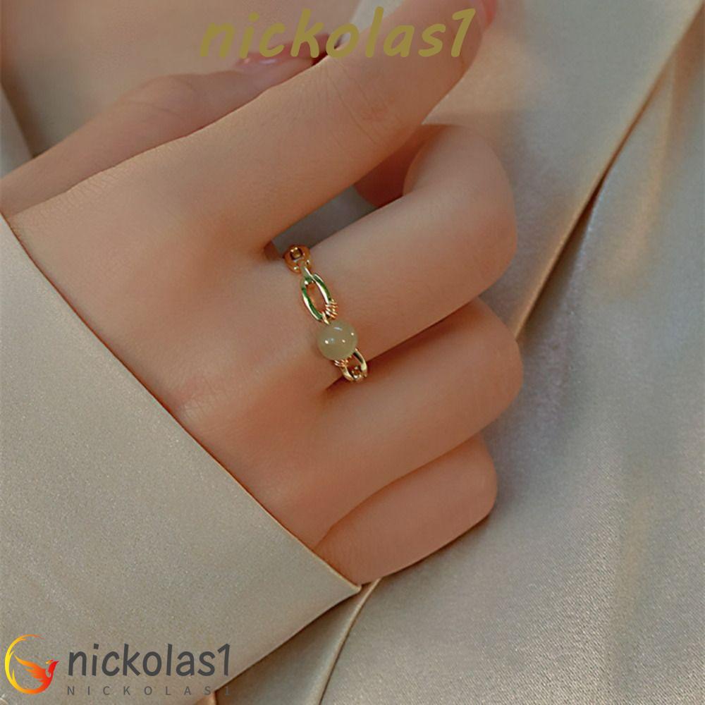 Nickolas1 Hetian Jade Cincin Kepribadian Elegan Emas Jari Gesper Wanita Jari Cincin Hijau Gaya Cina Cincin