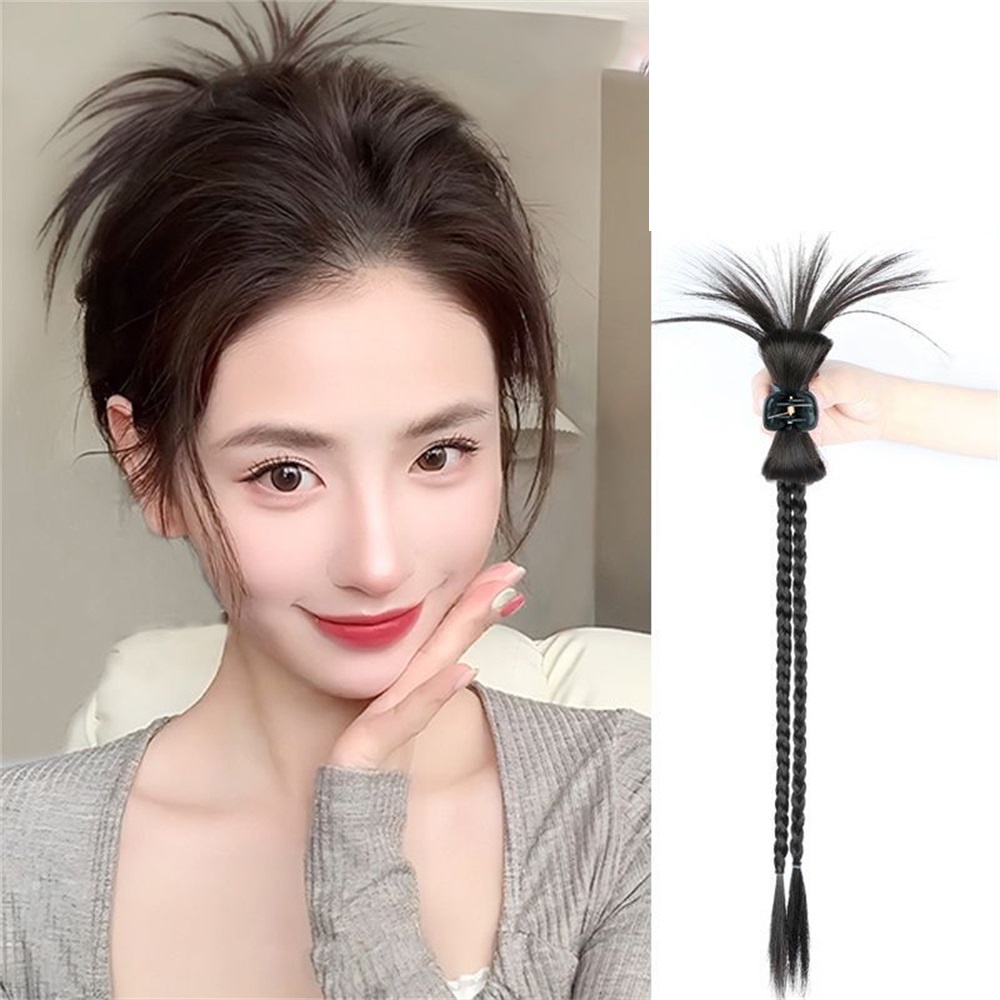 Rempah Gadis Gaya Bulu Ayam Shuttlecock Kepala Wig Wanita Malas Memutar Kepang Ponytail Rambut Wig Aksesoris