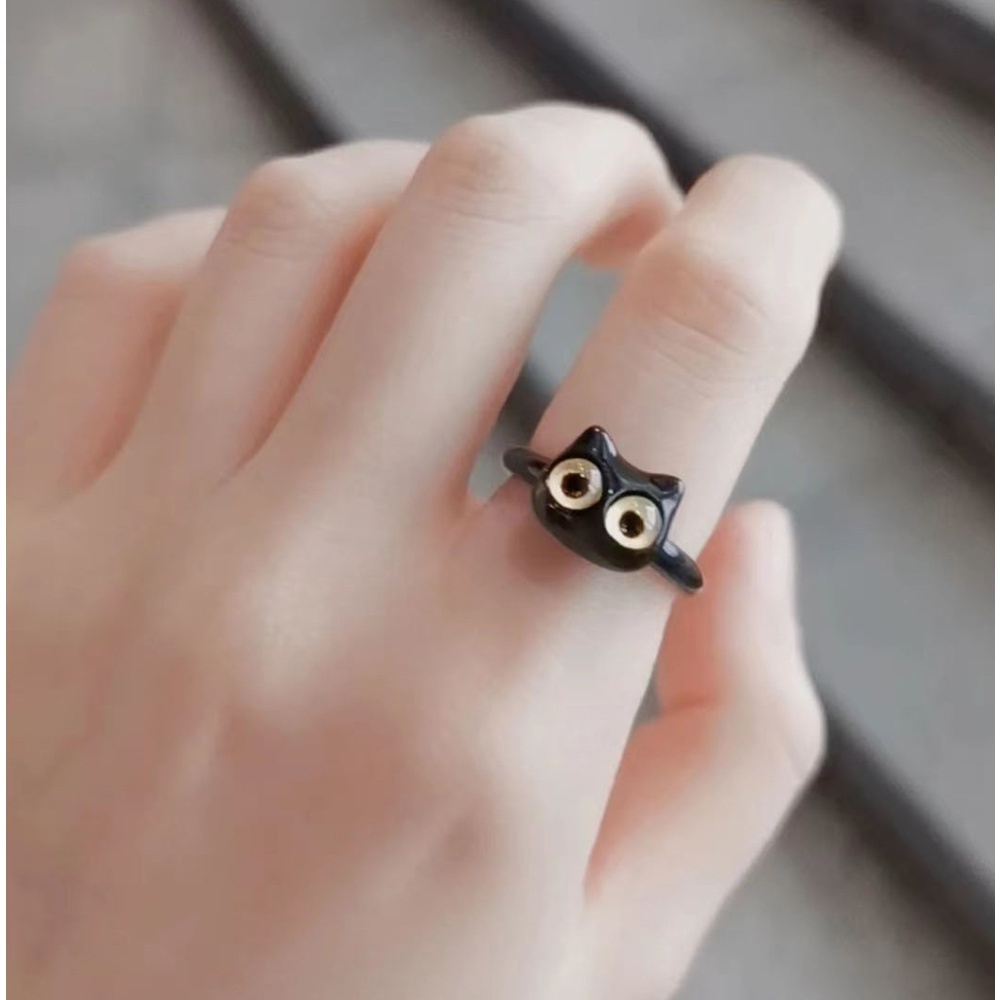 Gaya Manis Keren Sederhana Serbaguna Cincin Kucing Hitam Niche Desain Cahaya Mewah Temperamen Cincin Jari Telunjuk Cincin Lucu Pribadi Perhiasan Permen