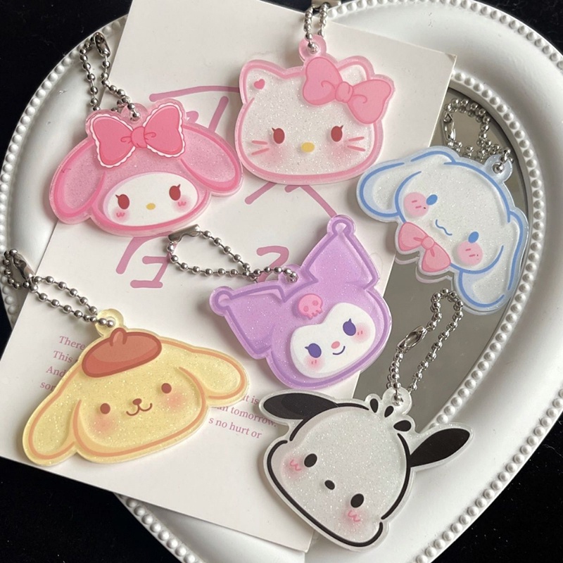 Kawaii Sparkling Sanrio Gantungan Kunci Lucu Kuromi Hello Kitty Melody Acrylic Kartun Liontin Aksesoris Tas