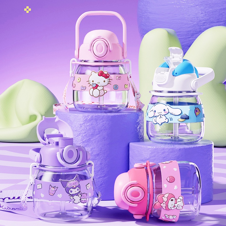 750 ml Kapasitas Tinggi Lucu Kartun Big Belly Cup Hello Kitty My Melody Cinnamoroll Kuromi Jerami Cangkir Air Ketel Anak