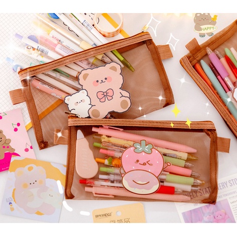 COD - S5776 Tempat Pensil Zipper Coklat Motif / Tempat pensil jaring zipper transparant / Tempat Makeup Model Jaring Transparan