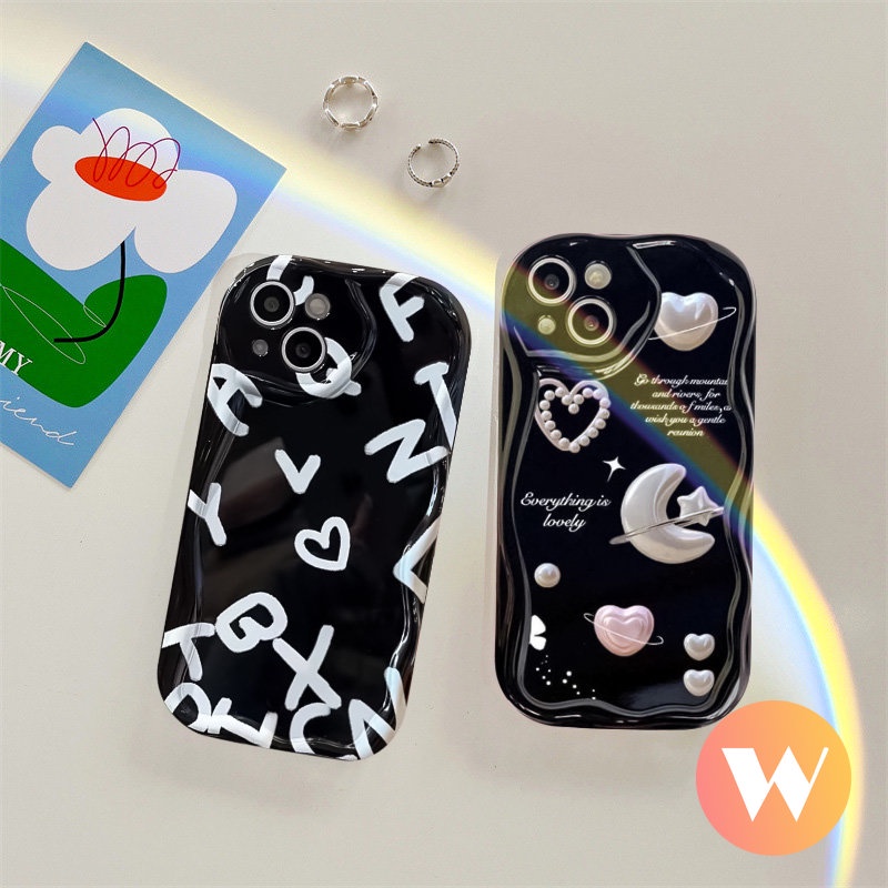 IPHONE Case Kompatibel Untuk Iphone11 14 12 13 Pro Max 7Plus 8Plus XR 6s 6 7 8 Plus X XS Max SE 2020 3D Wavy Curved Edge Romantic Bulan Bintang Cinta Hati Alphabet Cover