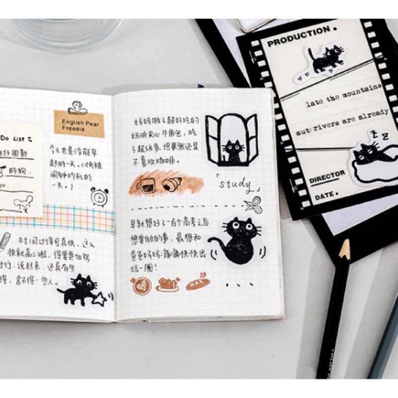 45pcs Stiker Tema Kucing Hitam/Set Kotak DIY Diary Album Stick Note Lable/Kawaii Cute Cats Stickers Self-adhesive Scrapbooking Stickers/Decals Hias Untuk Anak