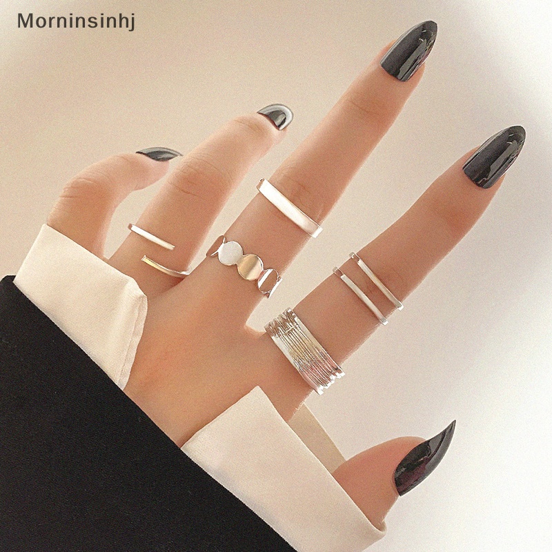 Mornin 5Pcs /Set Punk Metal Geometric Ring Set Untuk Wanita Vintage Minimalis Metal Wide Knuckle Ring Finger Perhiasan Hadiah id