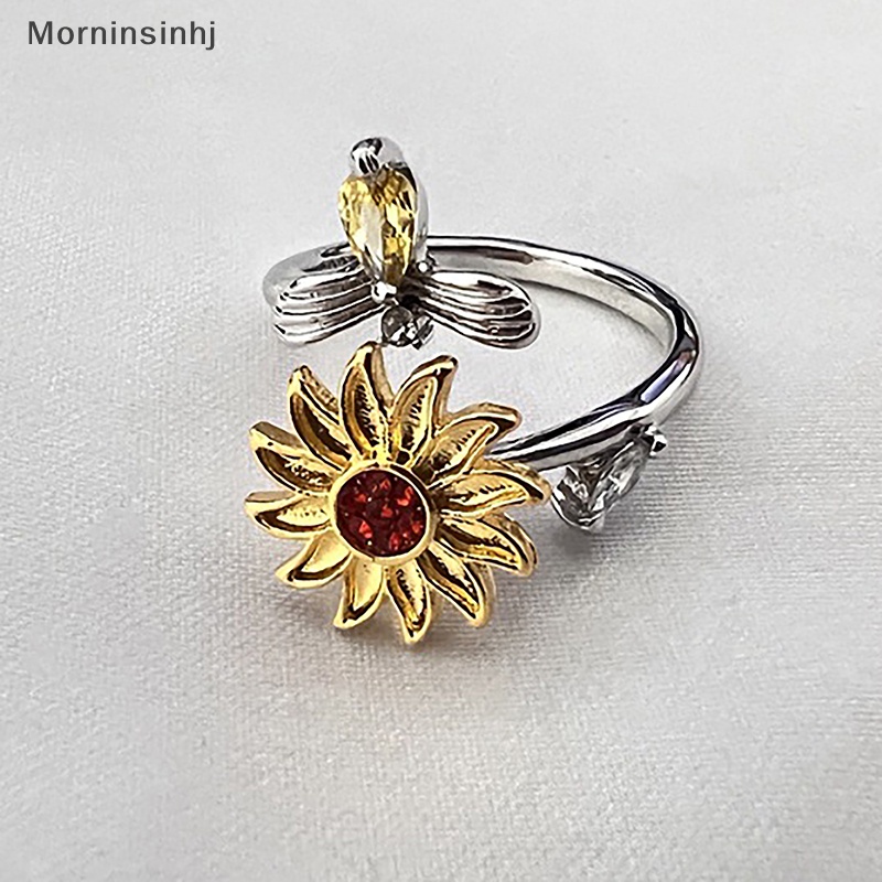 Mornin Pembukaan Dapat Disesuaikan Berputar Bunga Matahari Bee Release Stress Ring Rotatable Zircon Copper Finger Ring Untuk Wanita Fashion Perhiasan id