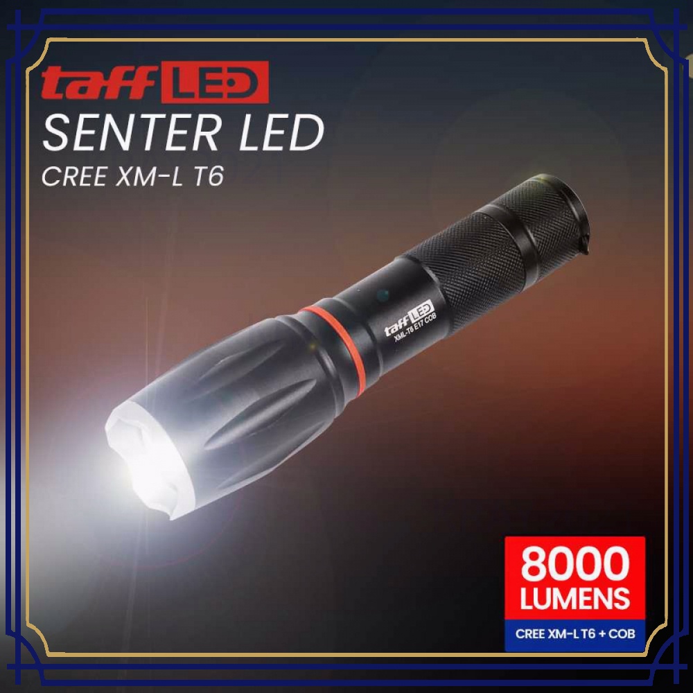 TaffLED Senter LED Torch Cree XM-L T6 +Baterai+Charger+Box - E17 COB