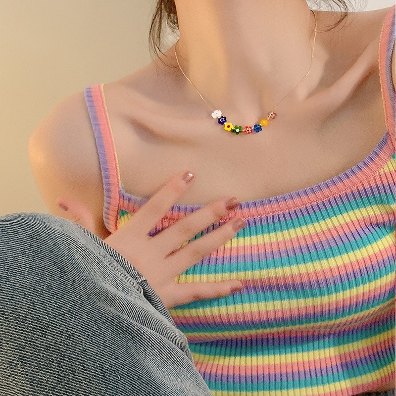 Kalung Manik-Manik Bunga Warna-Warni Klavikula Rantai Choker Mewah Manis Keren Cewek