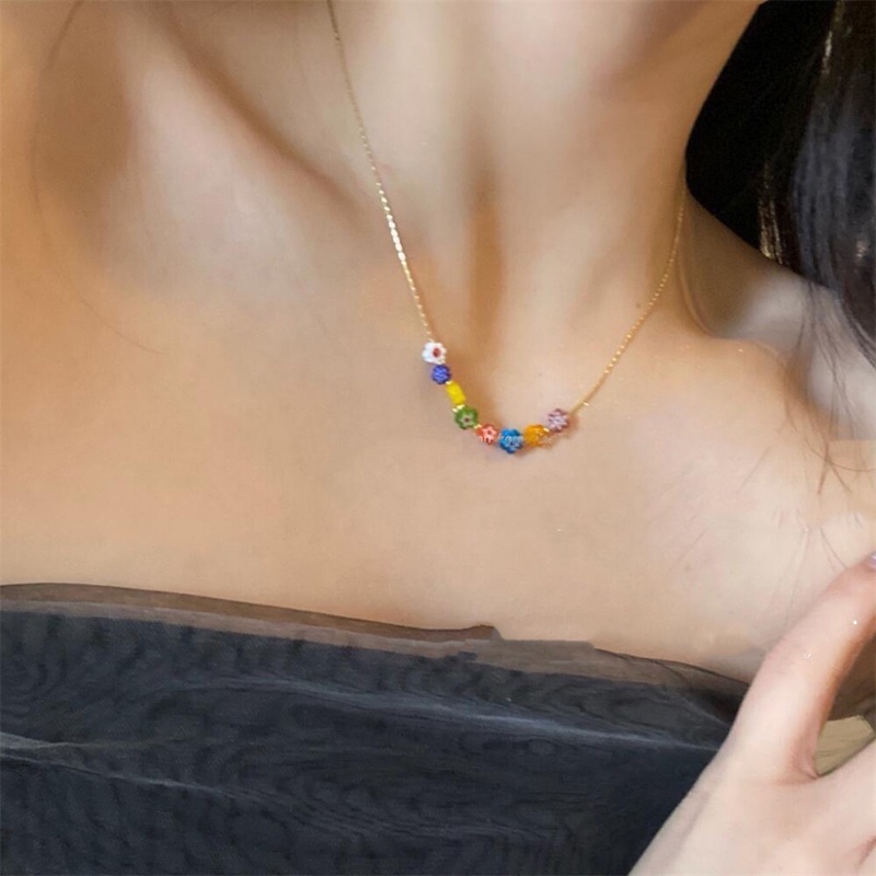 Kalung Manik-Manik Bunga Warna-Warni Klavikula Rantai Choker Mewah Manis Keren Cewek