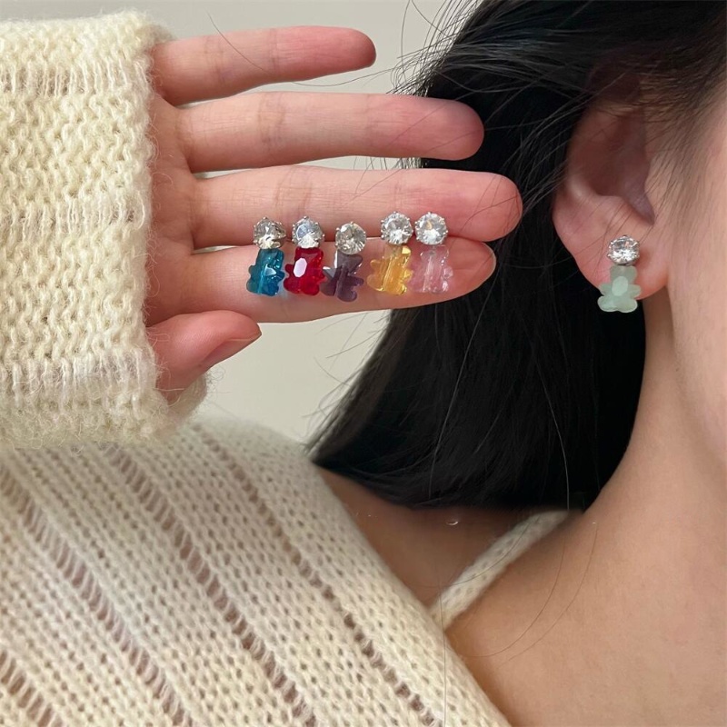 Ahellogirl Korea Selatan Dongdaemun Berlian Imitasi Lucu Childlike Small Bear Earrings Multi-Warna Penurunan Usia Warna Anting-Anting925 Perak Jarum Perempuan