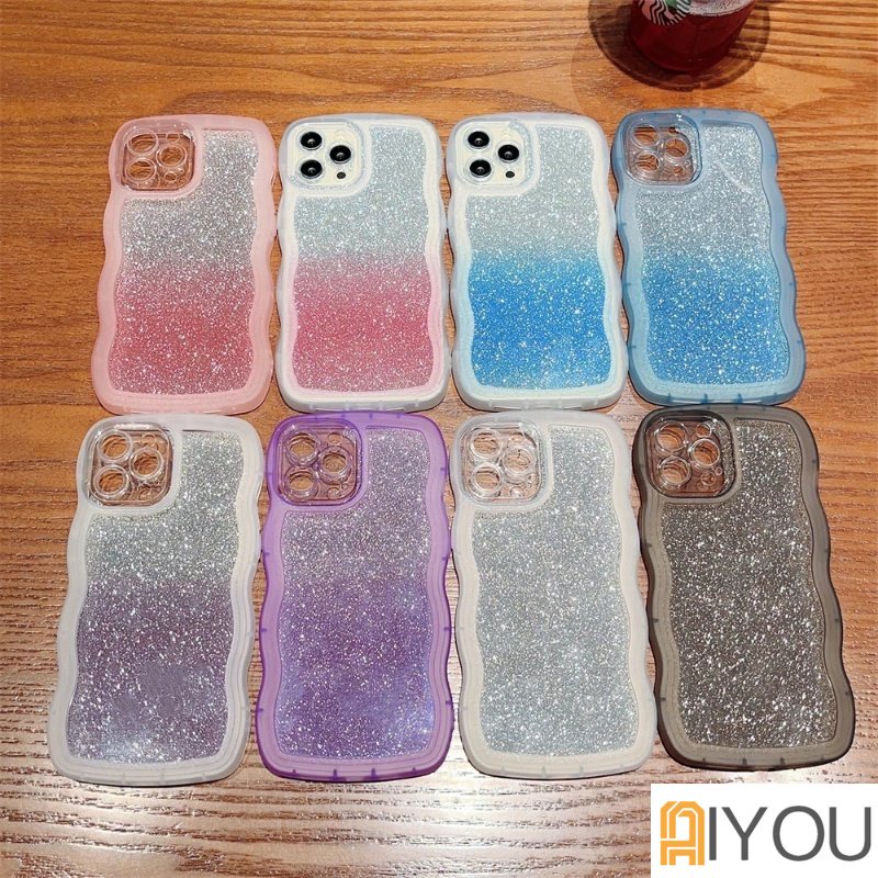 IPHONE Casing Ponsel Bening Glitter Gradasi Untuk Iphone14 13 12 11 Pro Max X XR Xs7 8 6 Plus S2022 Bingkai Bergelombang Keriting Bumper Tahan Guncangan