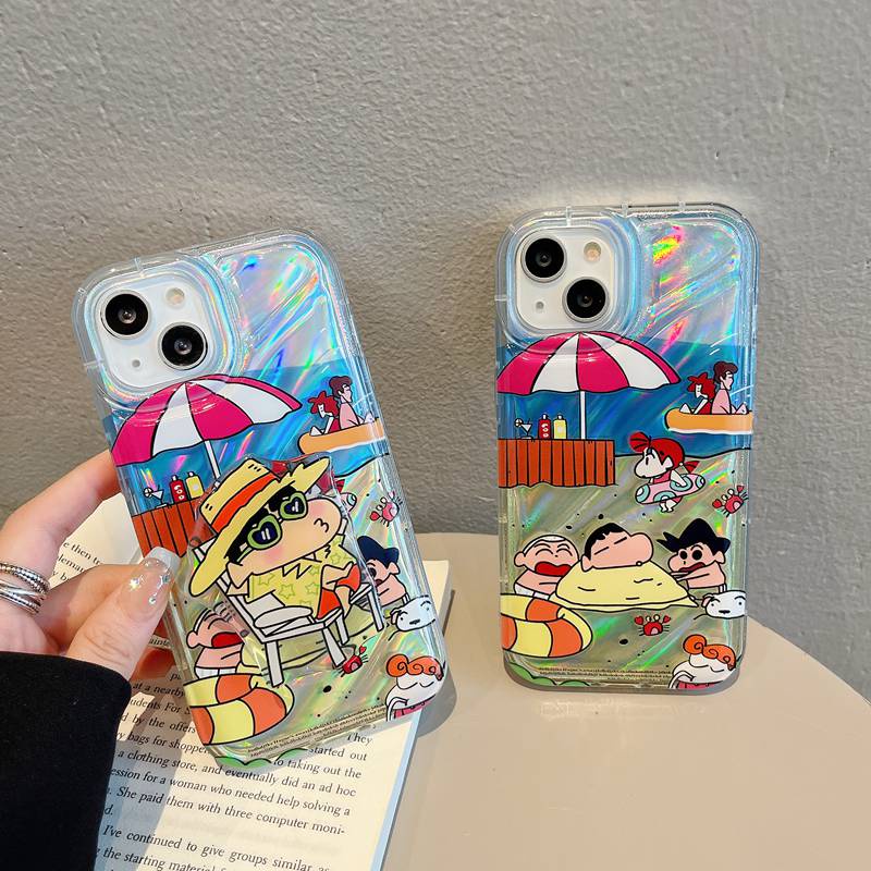 【Laser Popsocket】 Crystal Wave So Cool Funny Crayon Shin-chan Airbag Soft Case for IPhone 7 8 Plus X XR XS Max 11 12 13 14 Pro Max 14 Plus SE Women Girl Lovely Cartoon