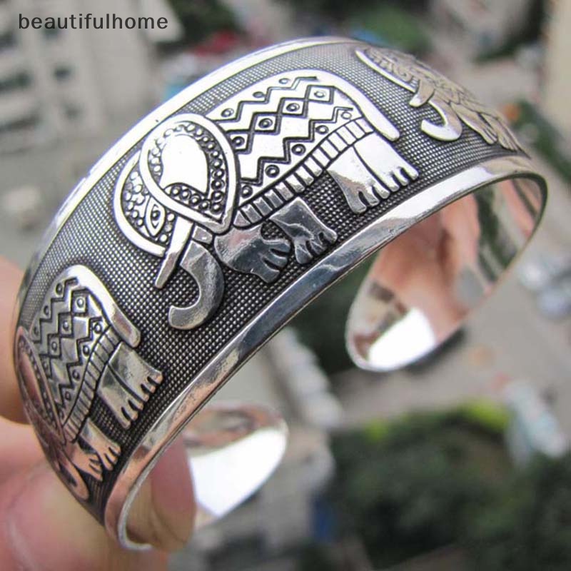 {beautifulhome} Wanita Panas Baru Tibet Tibet Perak Totem Bangle Cuff Gelang.