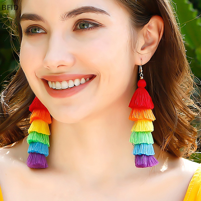 [BFID] 1pasang Perhiasan Handmade Musim Panas Gaya Bohemian Aksesoris Panjang Lucu Rain Color Layered Fringe Tassel Earrings Untuk Wanita [ID]