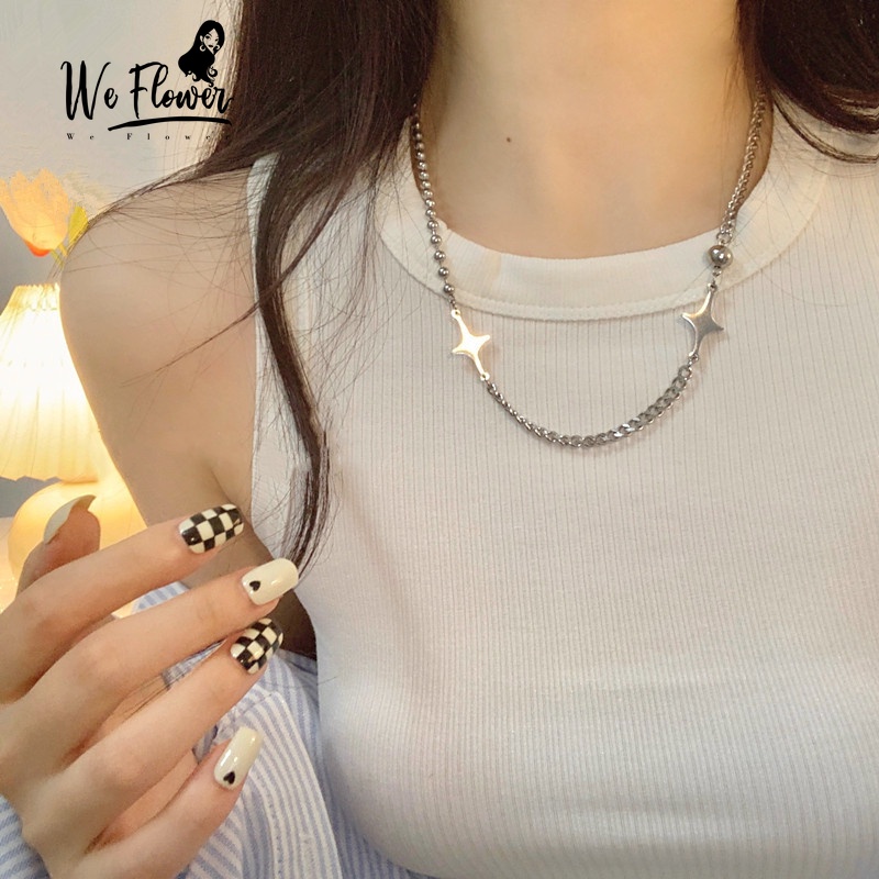 We Flower Punk Stainless Steel Beads Chunky Link Rantai Bintang Choker Kalung Untuk Wanita Pria Unisex Y2K Bergaya Tulang Selangka Chain Necklaces Perhiasan Aksesoris