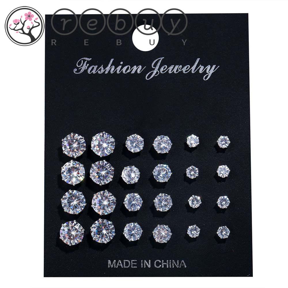 Rebuy Set Anting Mewah Indah Bulat Geometris 12pasang/Set Untuk Wanita Perhiasan Kristal