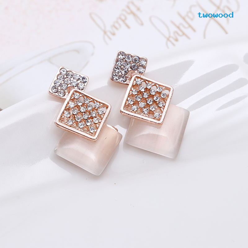 Twowood Fashion Berongga Persegi Berlian Opal Set Anting Kalung Perhiasan