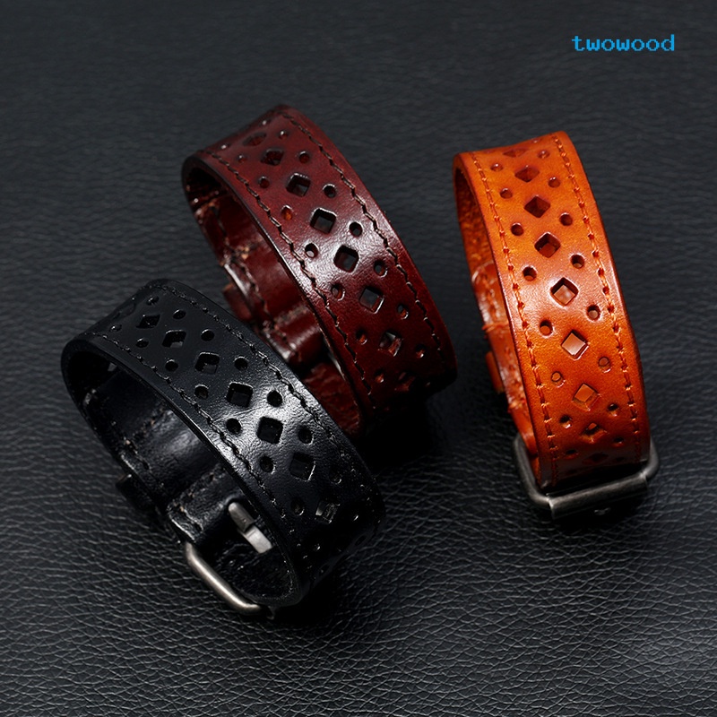 Twowood Gelang Kulit Sapi Retro Berongga Pria Lebar Gelang Kulit Kepribadian Bersepeda Perhiasan