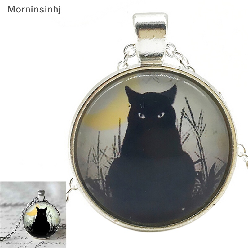 Mornin Chic Wanita Vintage Black Cat Cabochon Silver Plated Rantai Kaca Liontin Kalung id