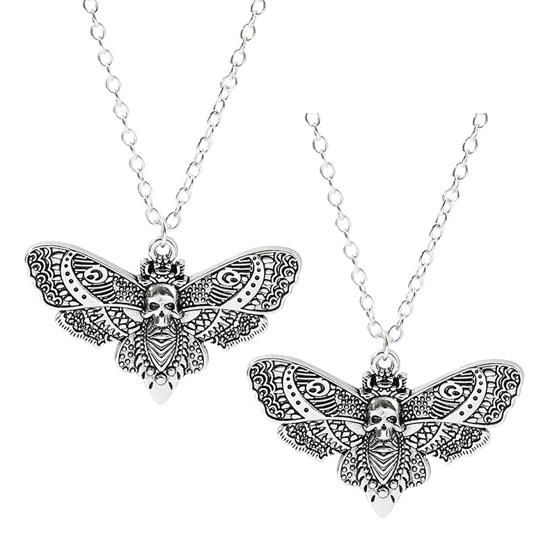 Death Moth Kalung Liontin Rantai Gula Tengkorak Gothic Kupu Batu Emo Goth Warna Silver 18inch Rantai Kuat