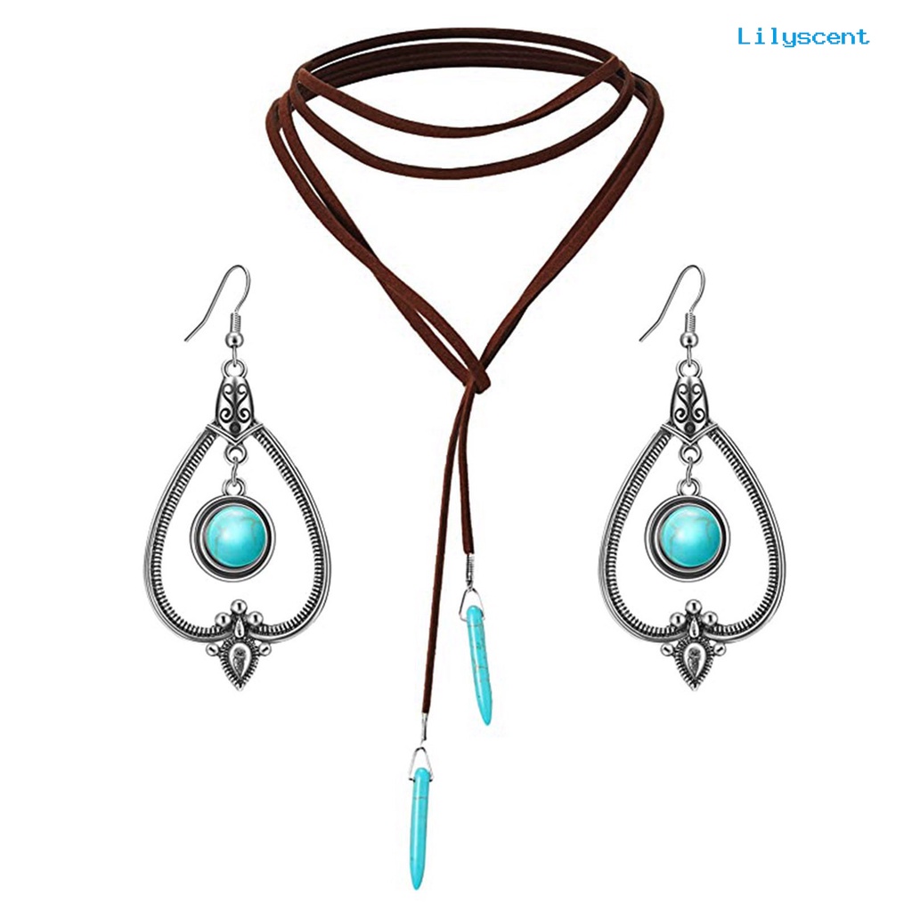 [LS]Turquoise Adjustable Tali Suede Wanita Kalung Gaya Bohemian Liontin Kalung Kait Anting Perhiasan Aksesoris