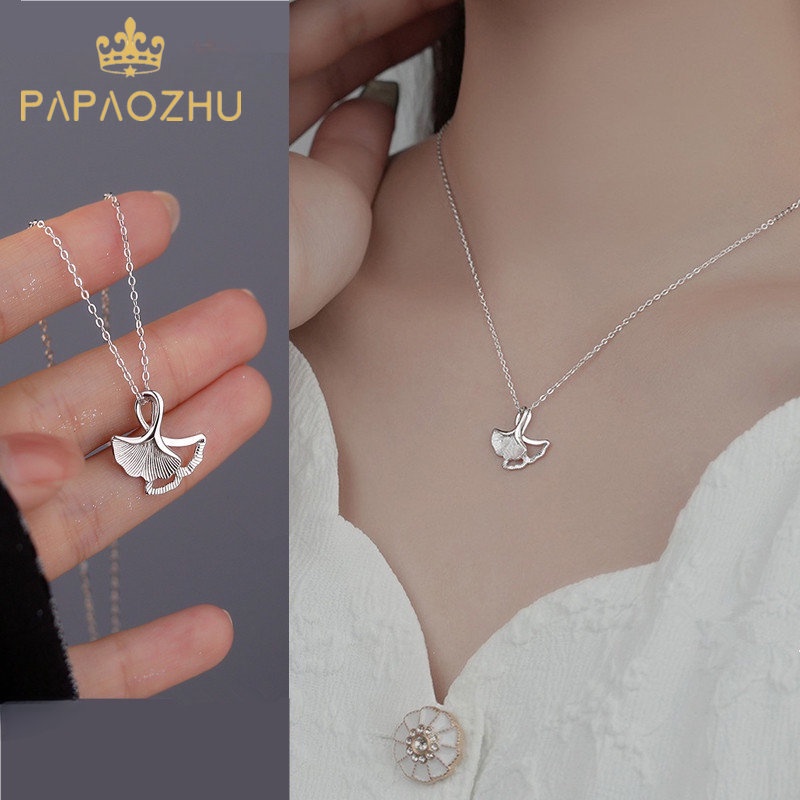 Papaozhu ins Trendi S925 Perak Ginkgo Daun Liontin Kalung Untuk Wanita Perempuan Korea Fashion Daun Berongga Klavikula Rantai Kalung Perhiasan Untuk Pesta Pacaran Engagament